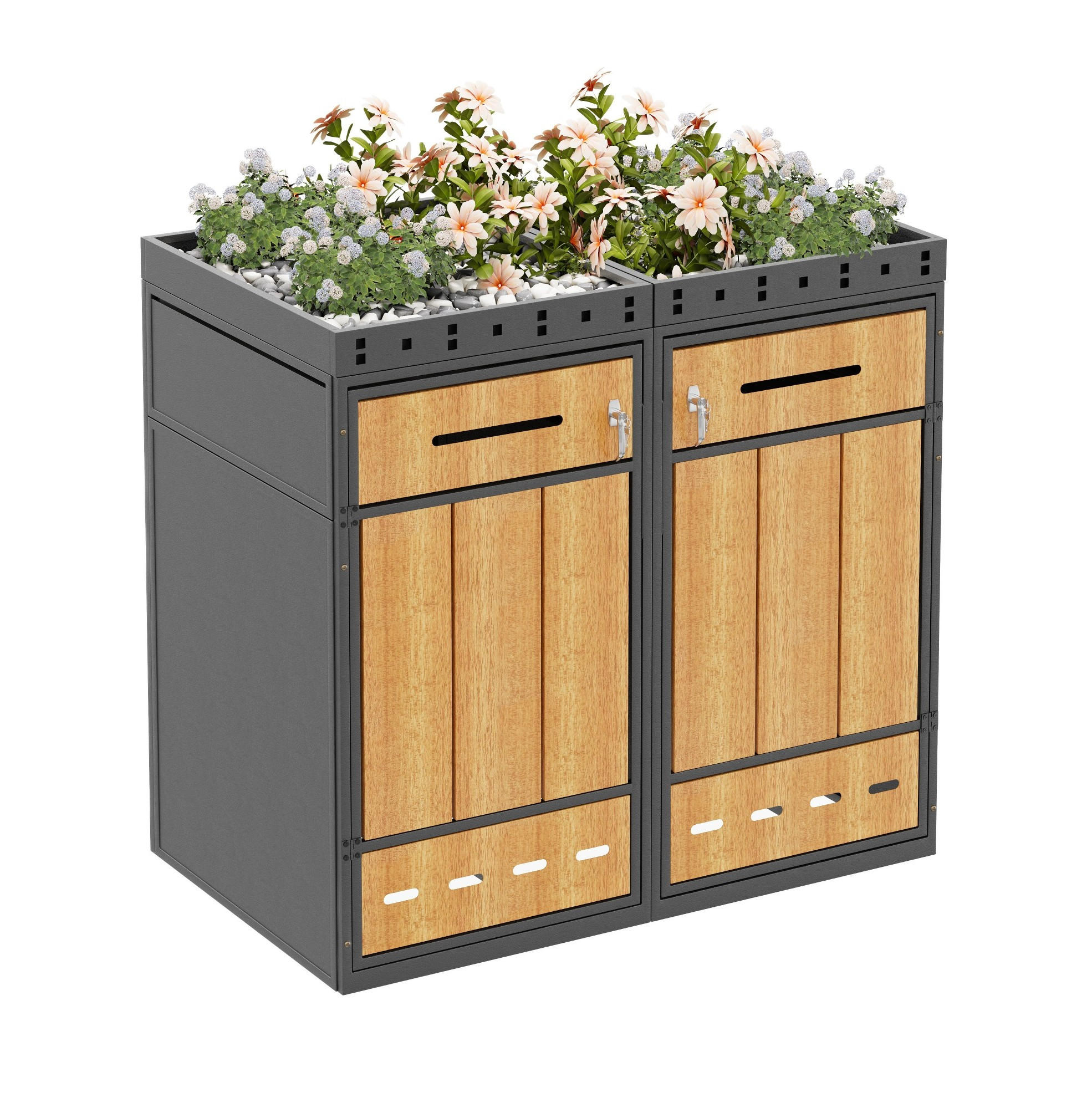 Modfu BOX na odpadkové koše z oceli 132x80x124 cm šedá v dekoru dřeva se 2 oddíly, uzamykáním a truhlíkem na rostliny