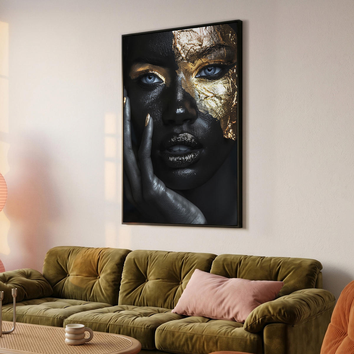 LEINWAND Bilder mit Rahmen - Frau - Gold - Porträt - Schwarz-Weiß - Luxus - 100x150 - Hellblau, Textil (100/150cm) - MuchoWow