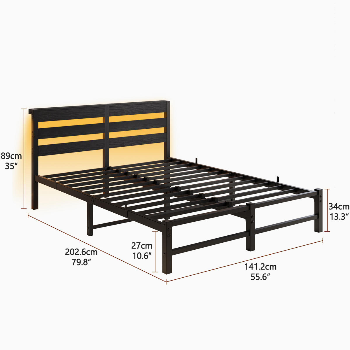 METALLBETT 140/190 cm Schwarz mit LED-Beleuchtung, USB-Ladestation und Stauraum unter dem Bett - Schwarz, Metall (140/190cm) - Oxeza