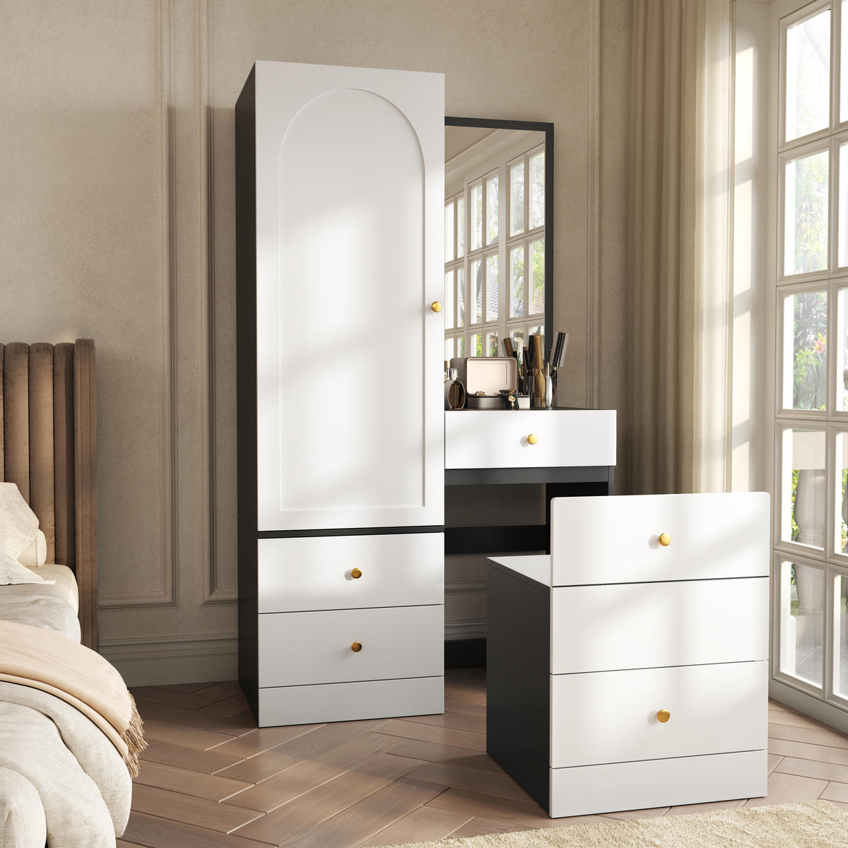 SCHMINKSCHRANK Spiegel Hocker Schubladen MDF Schlafzimmer 170cm - Multicolor, Holzwerkstoff (90/160/50.5cm) - FLIEKS