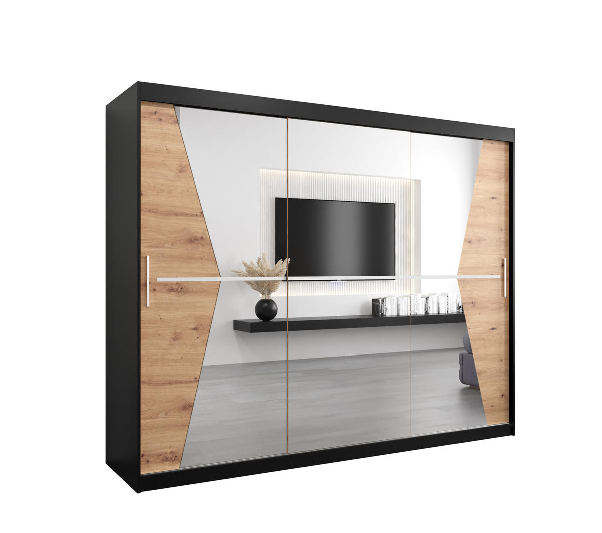 SCHWEBETÜRENSCHRANK 200/250/62 3-türig - Silberfarben/Schwarz, Holz/Kunststoff (250/200/62cm) - Abiks Möbel