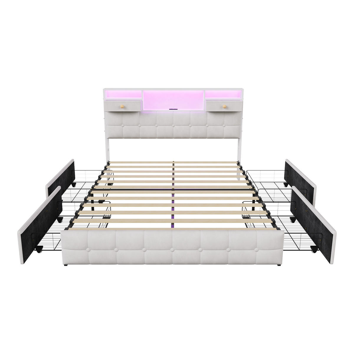 STAURAUMBETT 140/200 cm aus Samt, mit 4 seitlichen Schubladen + 2 Kopfteil-Schubladen, LED und USB-Anschluss, Beige - Beige, Holzwerkstoff (140/200cm) - Brevoria