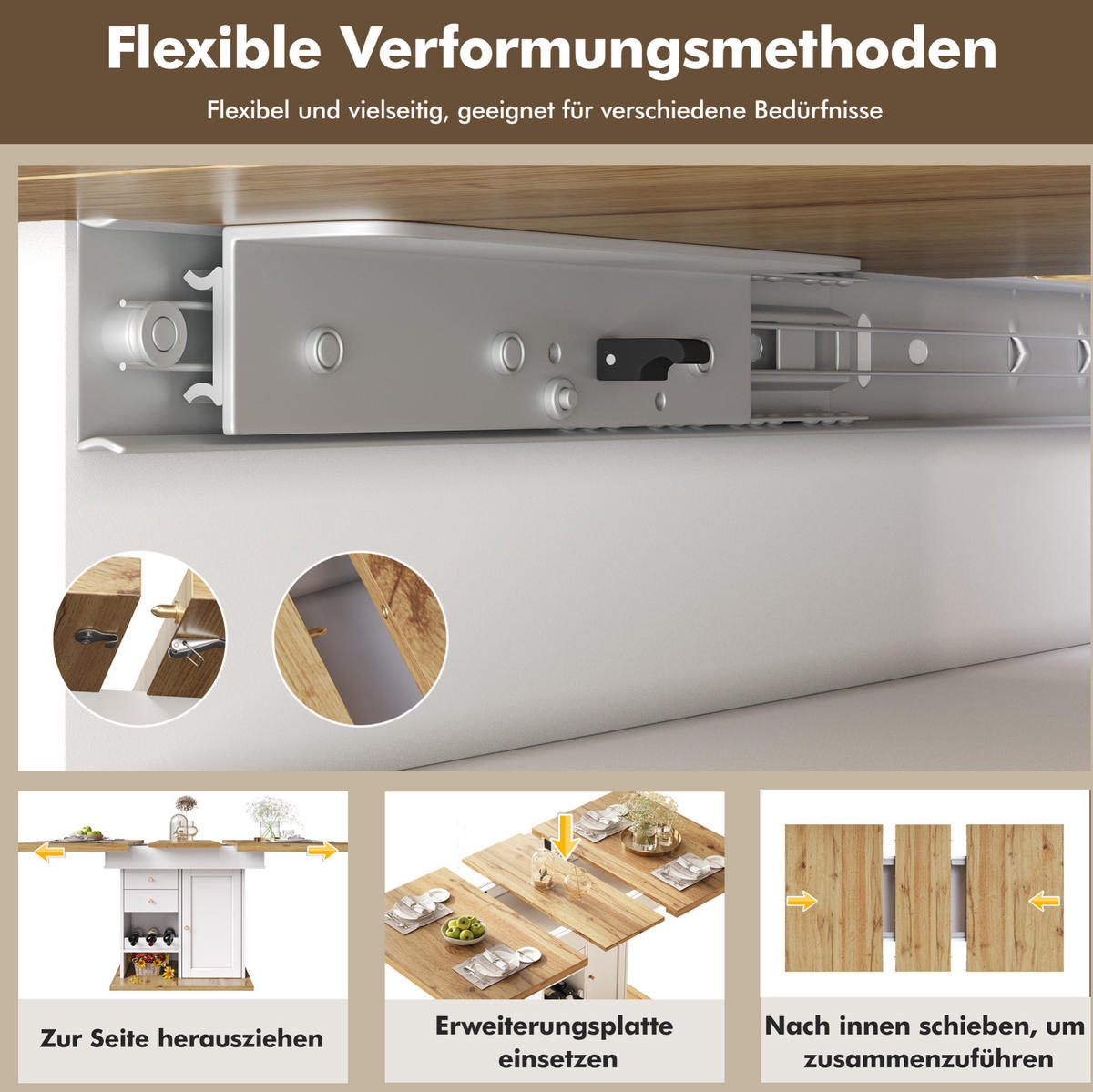 JEDÁLENSKÝ stôl 110/140/80 cm biela prírodná, rozkladací s úložným priestorom - prírodná farba, kompozitné drevo (140/80/75cm) - BEAOK