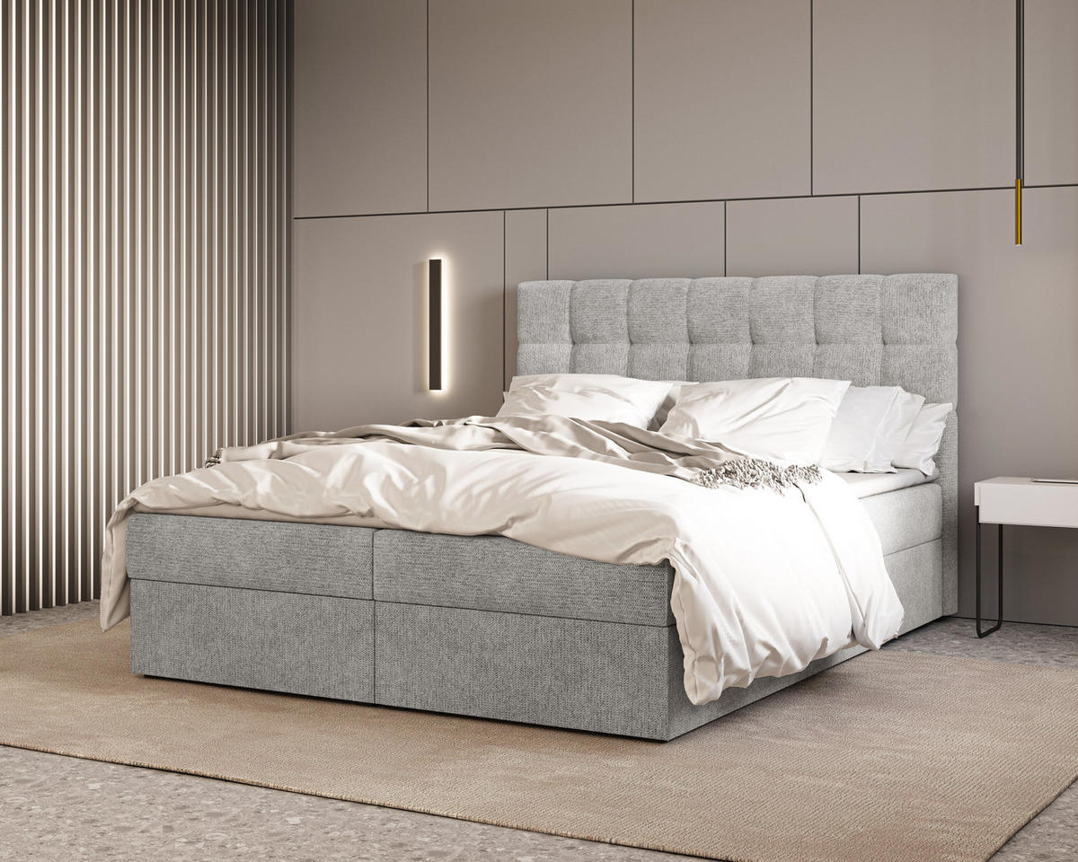 BOXBETT - Bett 05 OSLO - Aragon - 140x200 cm - mit Bettkasten und Komfort-Topper - Hellgrau, Holz (140/200cm) - ROYAL24_MARKT