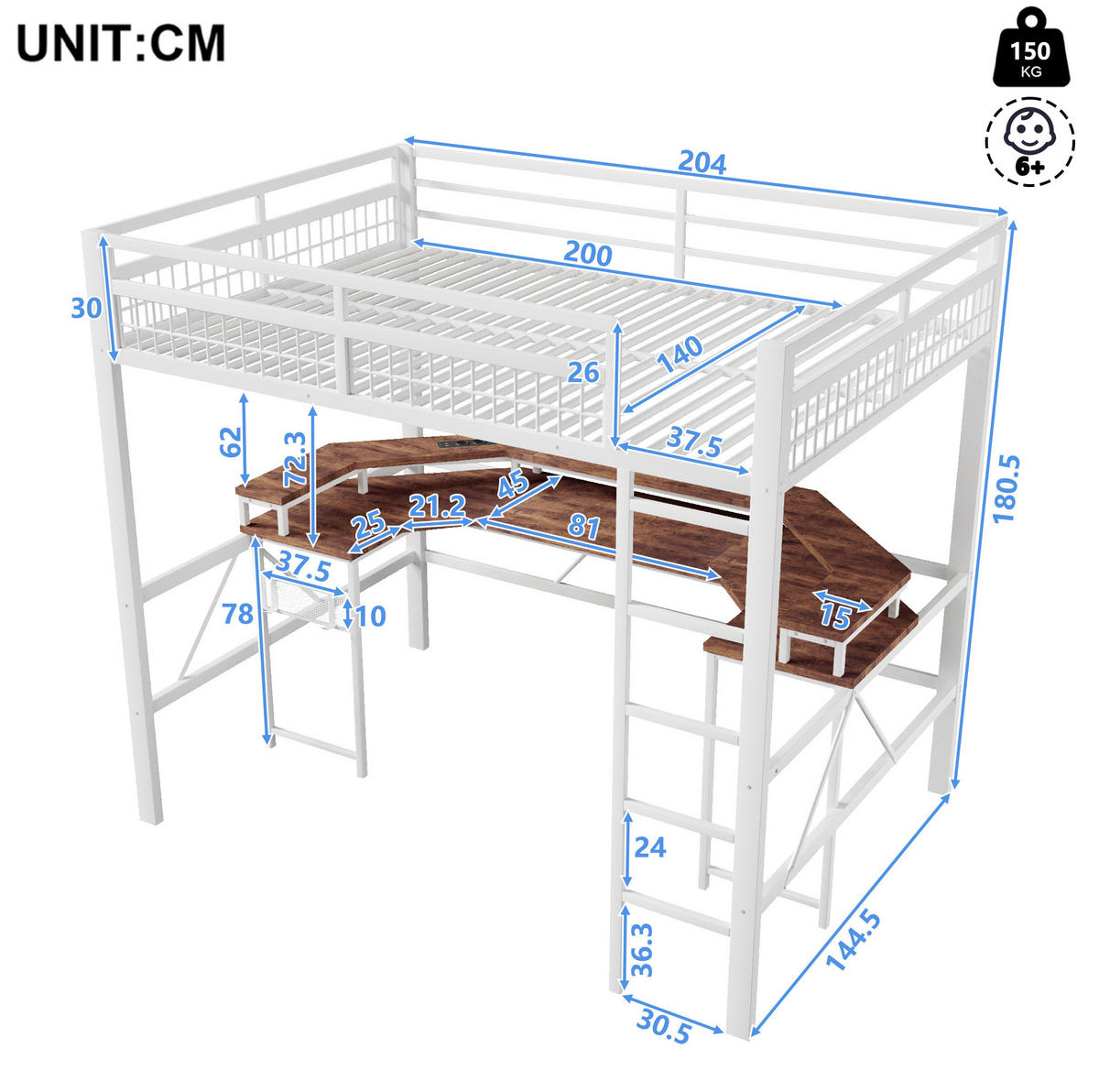 HOCHBETT 140/200 cm in Weiß mit Schreibtisch und LED-Beleuchtung - Weiß, Metall (140/200cm) - Flora Grace