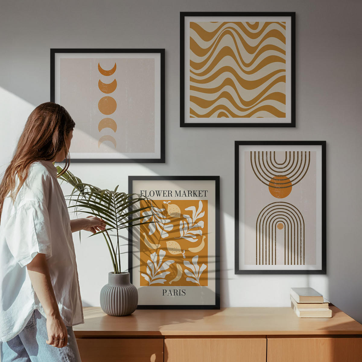WANDBILDER 4er-Set - 50x50 cm & 40x60 cm Schwarzer Rahmen - Geometrische Pflanzenmuster - Schwarz, Kunststoff (50/50cm) - ArtPrintCave