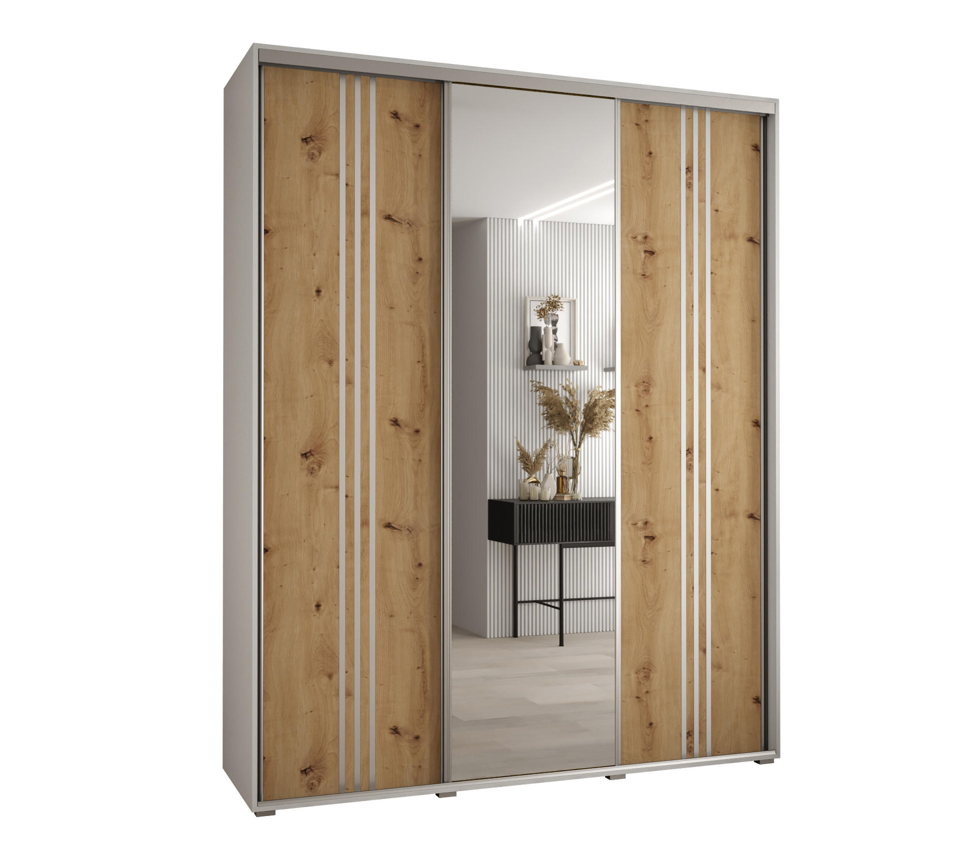 Abiks Möbel SCHWEBETÜRENSCHRANK Weiß, Eiche Artisan, Silber 200cm × 45cm × 235cm