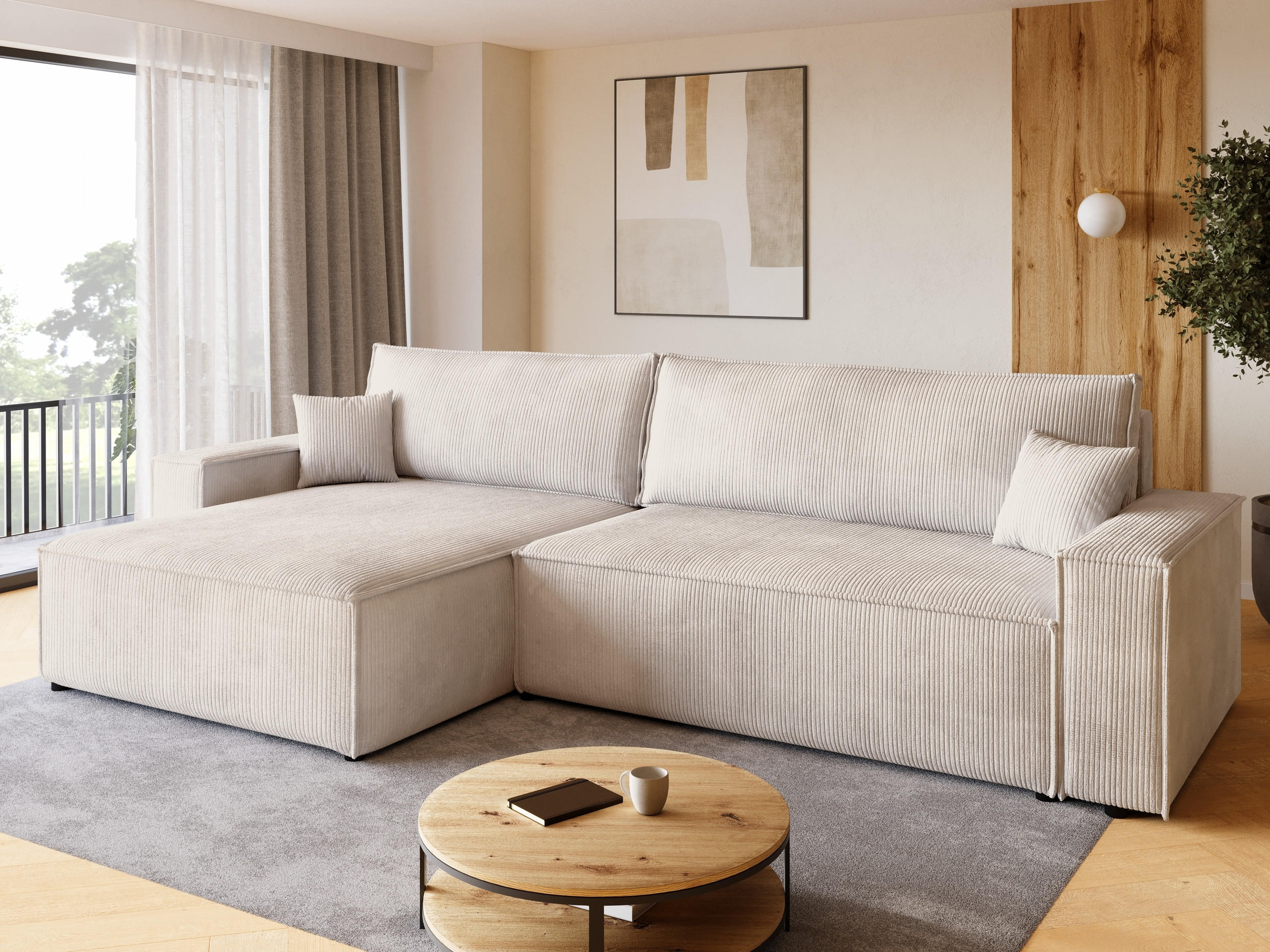 ECKSOFA ADI XL mit Schlaffunktion Vanille Cord - Creme, Textil (272/143cm) - Bromarkt