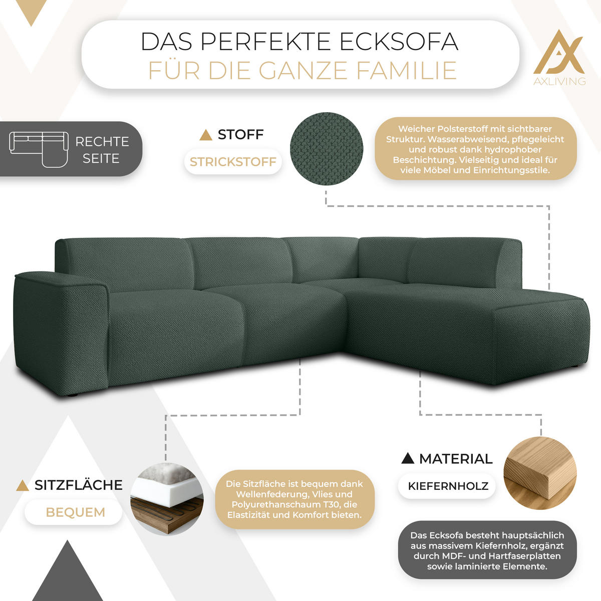 ECKSOFA L Form Didim Grün 292/220/78 cm – großes Sofa stilvoll & bequem R - Schwarz/Grün, Kunststoff/Textil (292/220cm) - AX Living