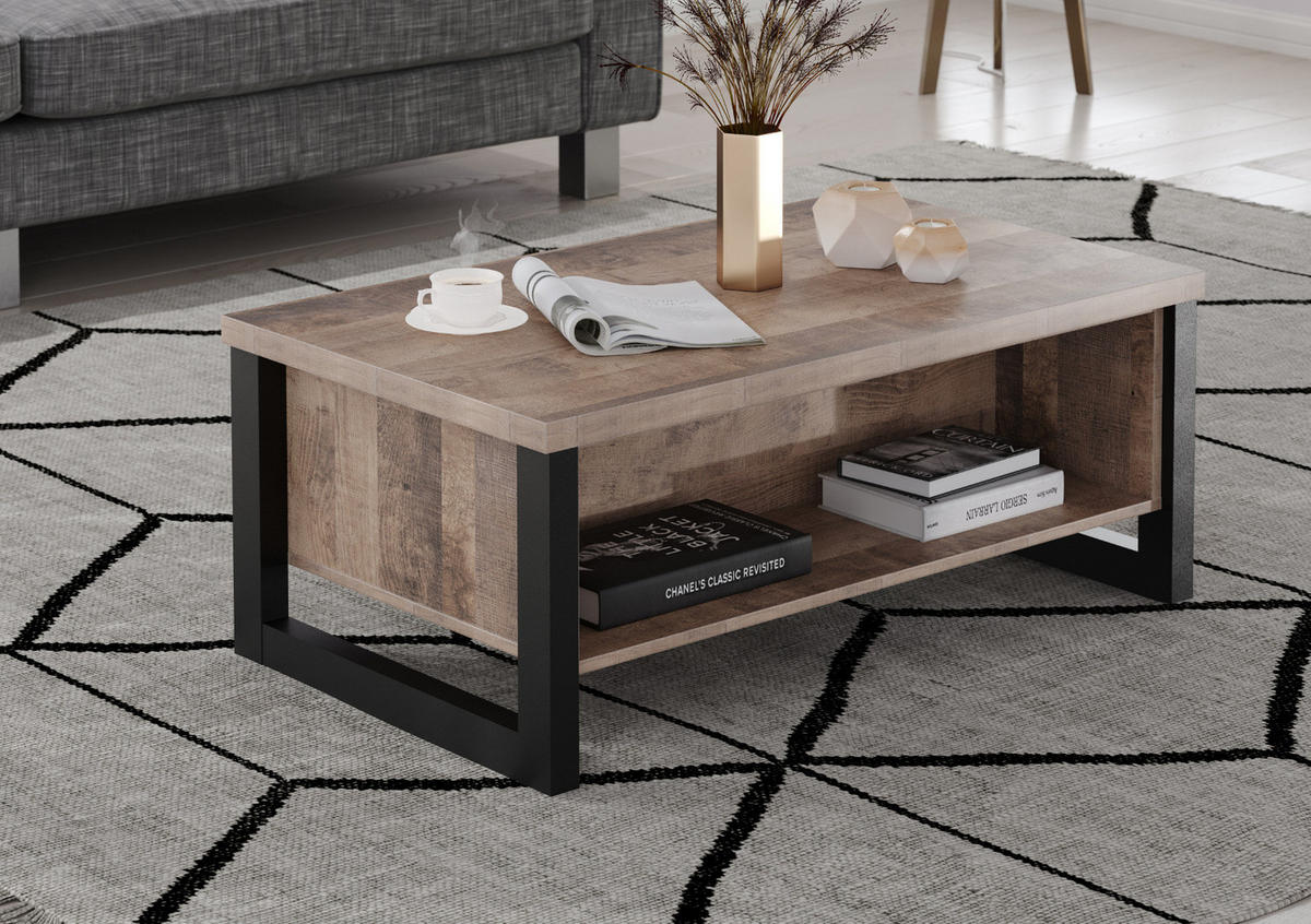 COUCHTISCH Eiche Tabak, schwarz 110 x 65 cm, Beistelltisch mit Ablage - Eichefarben/Schwarz, Holzwerkstoff (65/110/45cm) - Top.Furn