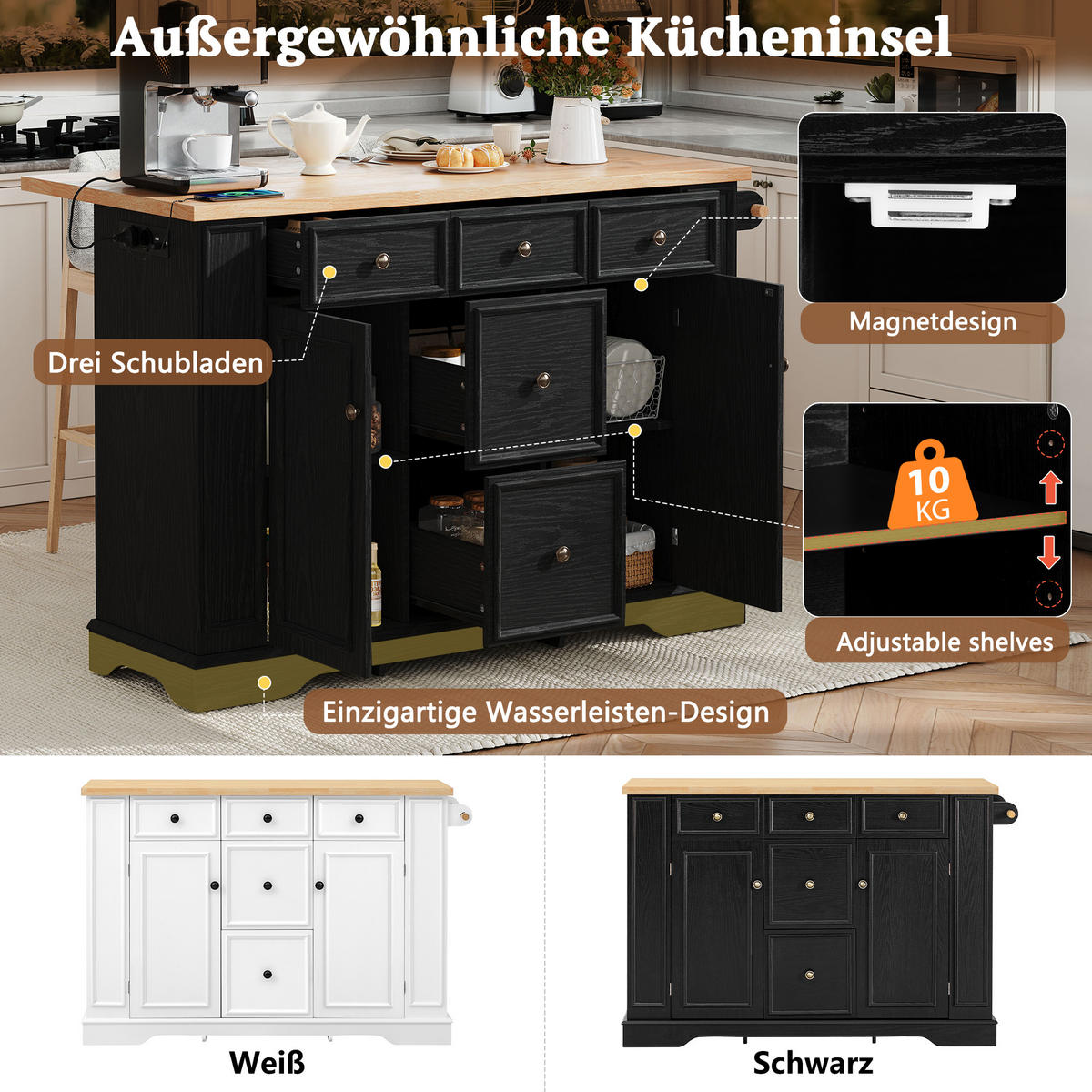 KÜCHENINSEL 130.5/65/92 cm Schwarz mit 5 Schubladen, verstellbaren Einlegeböden und Steckdosenleisten - Schwarz, Holz/Holzwerkstoff (130.5/92/40cm) - Oxeza