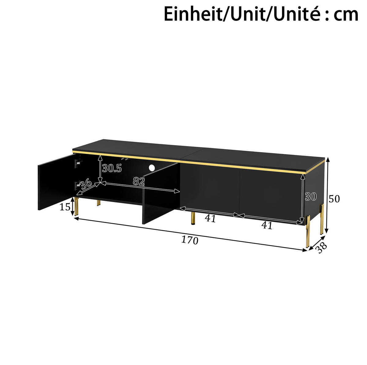 TV-ELEMENT mit 4 Türen 170 x 38 x 50 cm Schwarz Hochglanz - Schwarz, Holzwerkstoff (38/50/170cm) - Beauniv