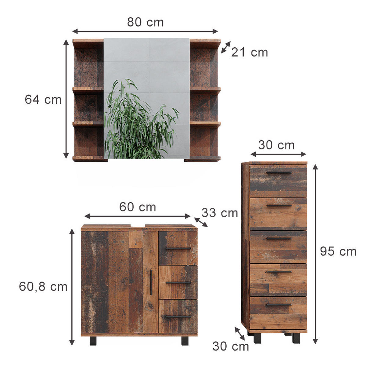 BADMÖBEL-SET Ilias Eiche rustikal 3 Teile, mit Midischrank - Wildeiche, Holzwerkstoff (60/60.8/33cm) - Vicco