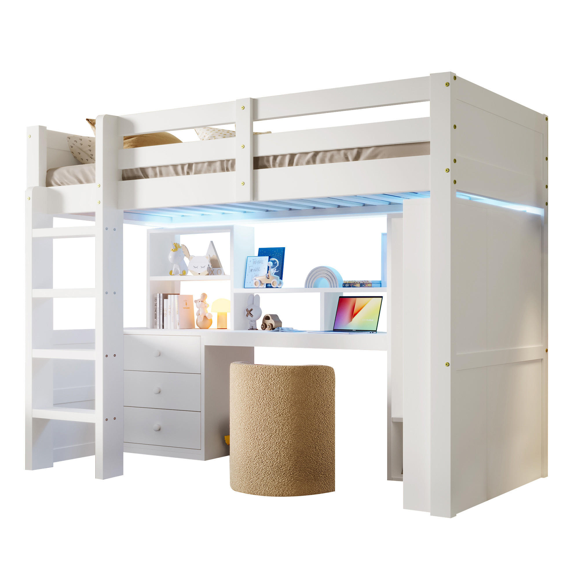 HOCHBETT 90/200 cm in Weiß mit LED-Beleuchtung, Schreibtisch und Kleiderschrank - Weiß, Holzwerkstoff (90/200cm) - Flora Grace