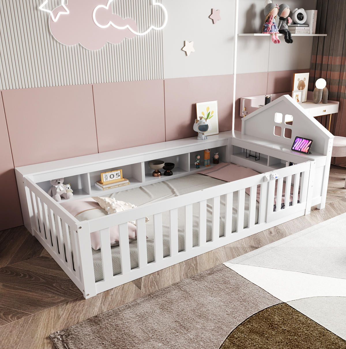 KINDERBETT 90/200 cm mit Dach, Fenster, Stauraum, Sicherheitsgitter und Tür aus Holzwerkstoff mit Lattenrost, Weiß - Weiß, Holzwerkstoff (90/200cm) - Redom