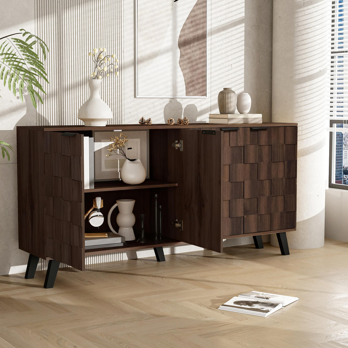 SIDEBOARD 160cm 4 Türen dunkle Holzmaserung modern - Walnussfarben, Holzwerkstoff (35.5/78/160.5cm) - FLIEKS