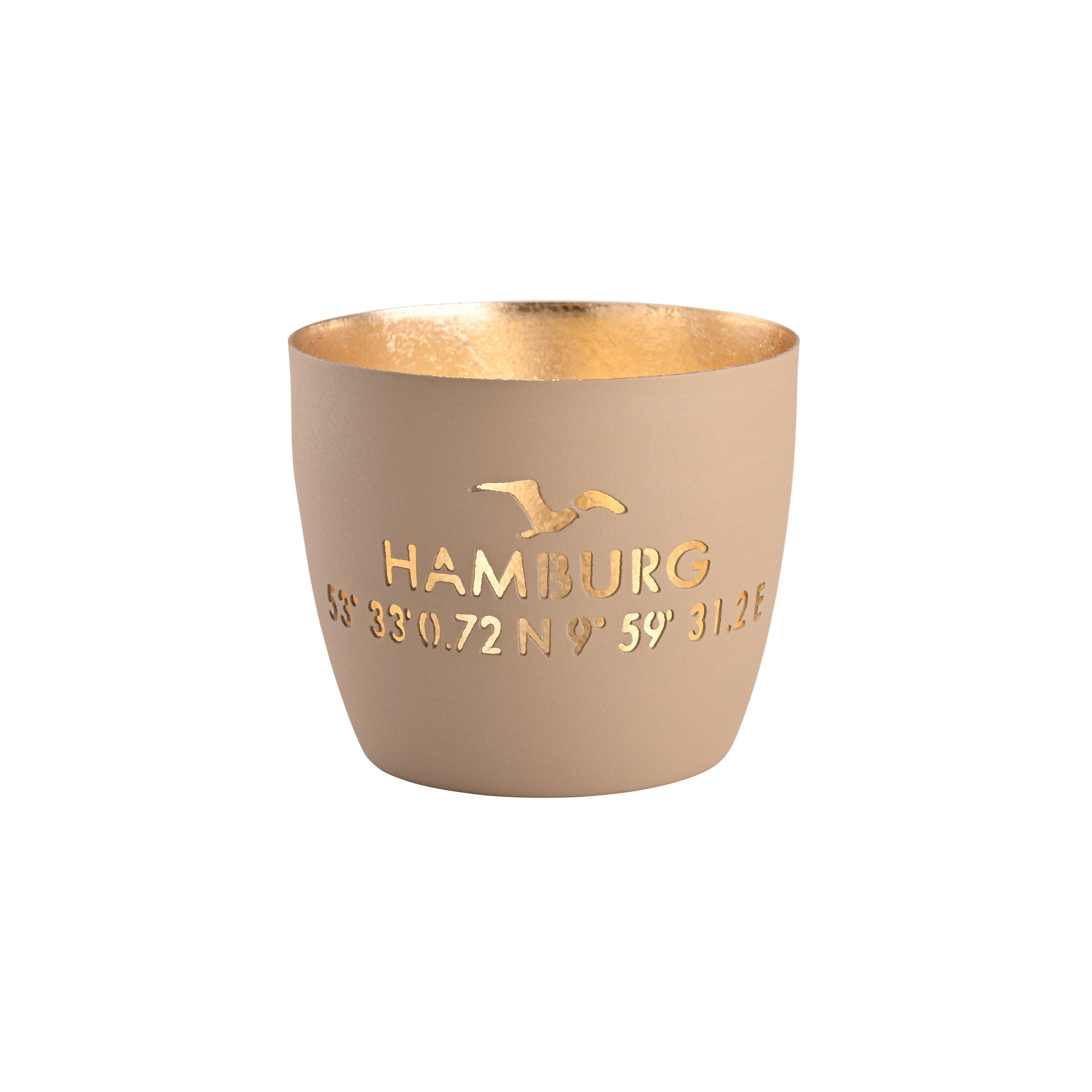 TEELICHTHALTER Madras Koordinaten von Hamburg M, Eisen, sandstone / Gold, H 8.5 cm - Beige, Metall (6.5cm) - Gift Company