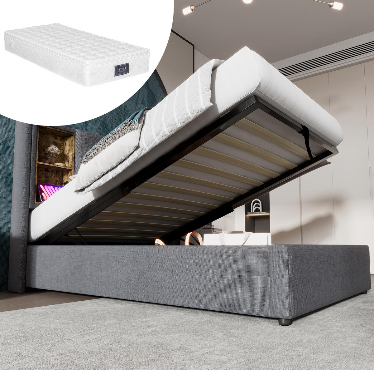 POLSTERBETT 90/200 cm mit kabellosem Laden, USB-C, Bettkasten und Matratze aus Baumwolle, Grau - Grau, Textil (90/200cm) - Redom