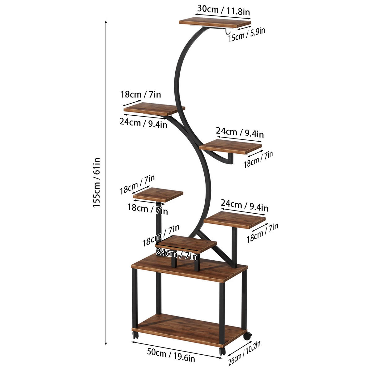 PFLANZENREGAL 8-stufig Baumdesign mit LED & Rollen - Braun, Metall (50/155/26cm) - Kaket