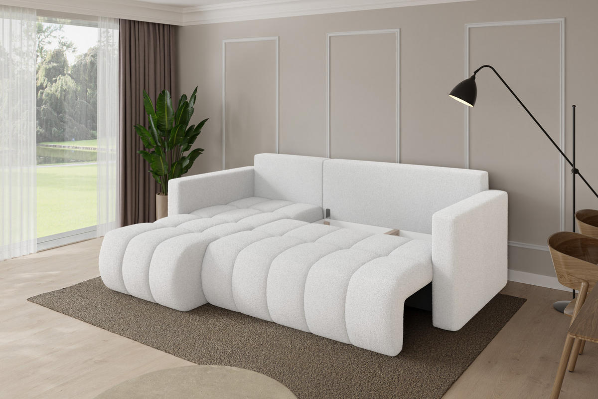 ROHOVÁ SEDAČKA s funkcí spaní, otoman vlevo GARD-L 226x146x85 bílá bouclé - bílá/černá, kompozitní dřevo/textil (226/146cm) - ALTDECOR