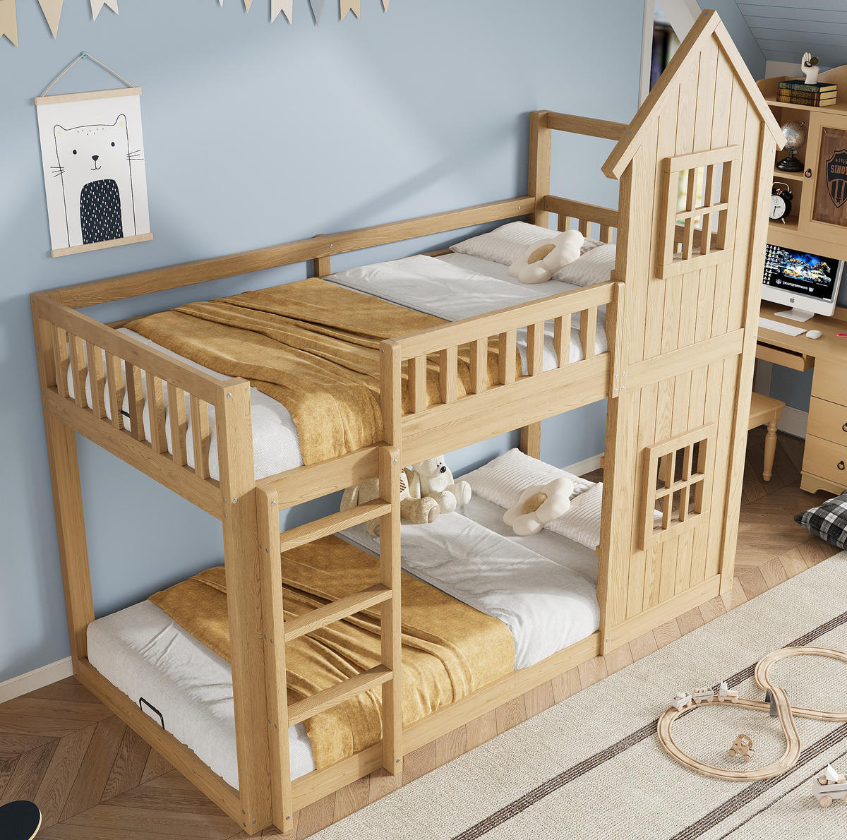 ETAGENBETT 90/200 cm aus Holz mit Treppe, Fenster, Natur - Naturfarben, Holz (90/200cm) - OKMYHOME
