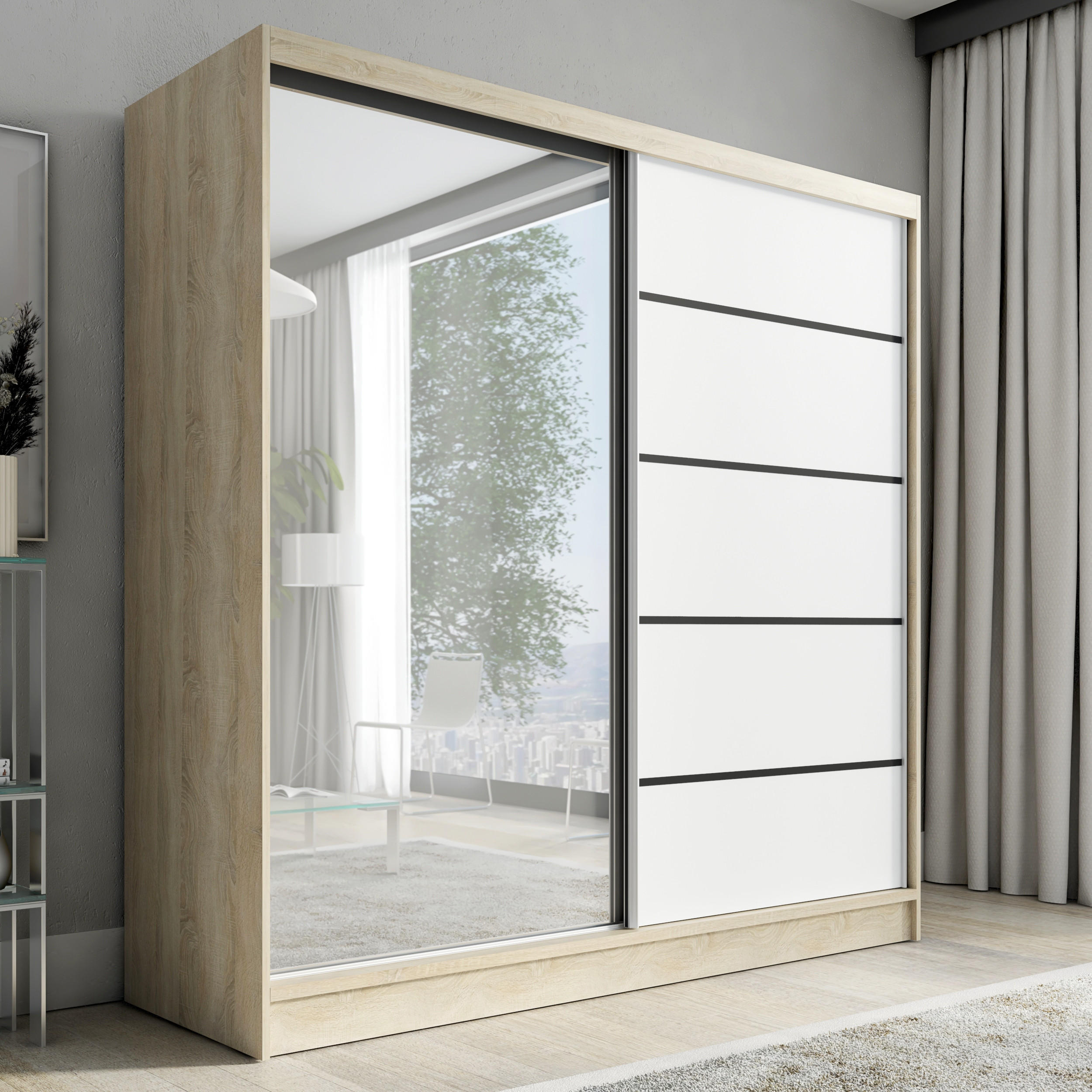 A&J MöbelLand Schwebetürenschrank Braun, Weiß 200x215x60 cm