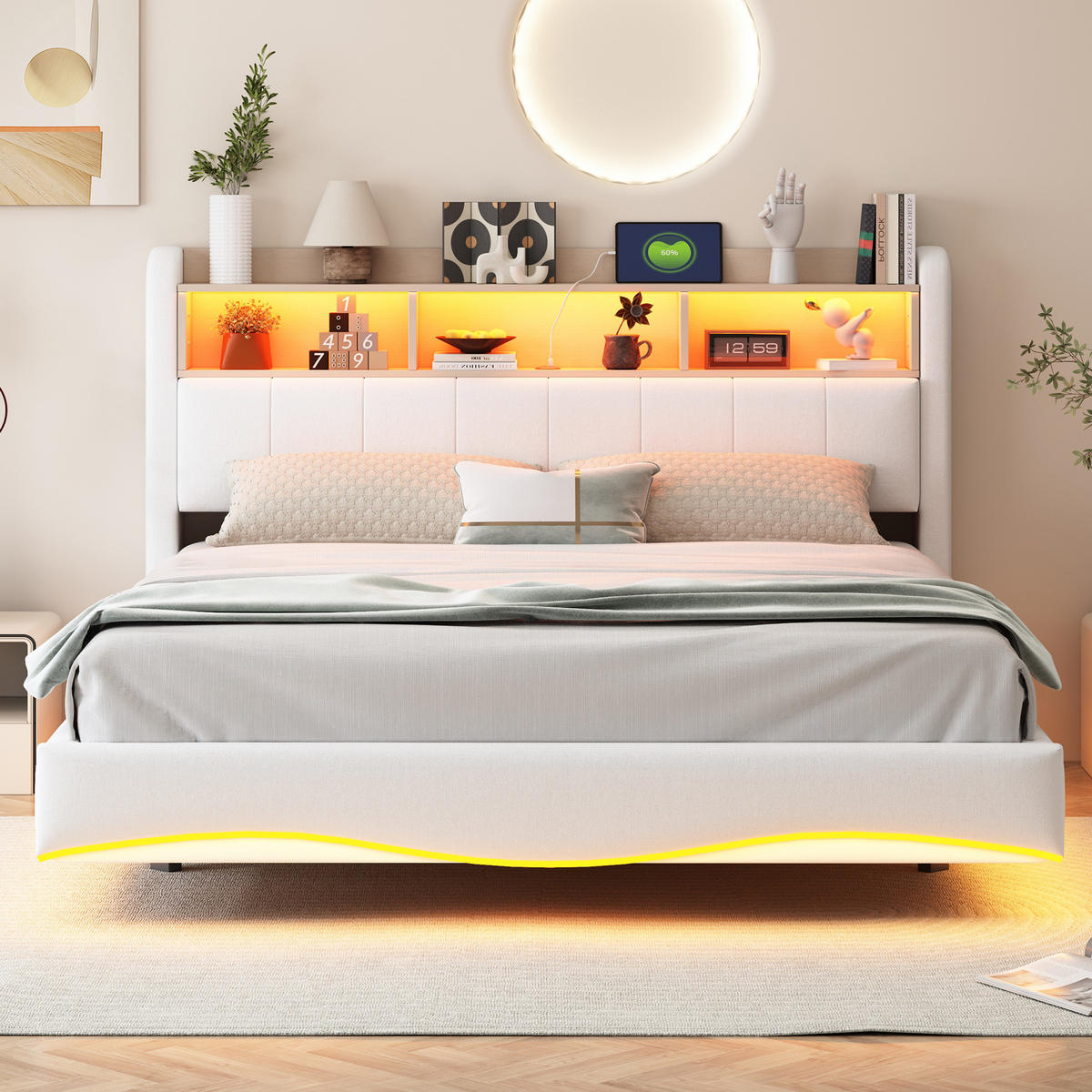 POLSTERBETT 160/200 cm Beige aus Stoff mit LED-Beleuchtung und USB-Anschluss - Beige, Textil (160/200cm) - OKMYHOME
