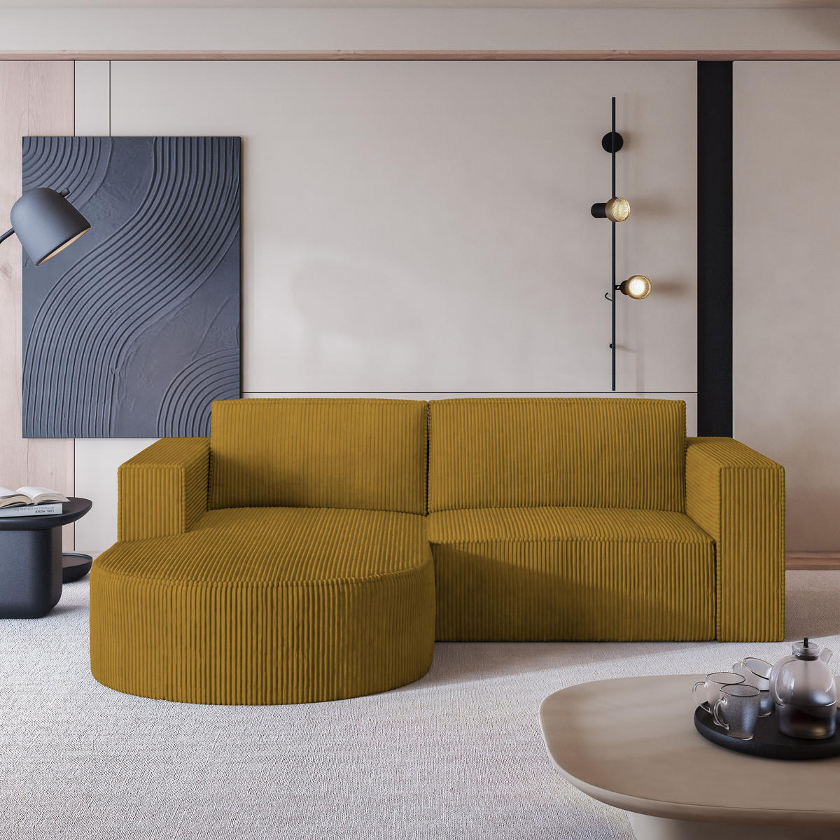 ECKSOFA SORELA P L-S Gelb Kordstoff mit Schlaffunktion - Gelb, Holz (263/174cm) - MASSENO