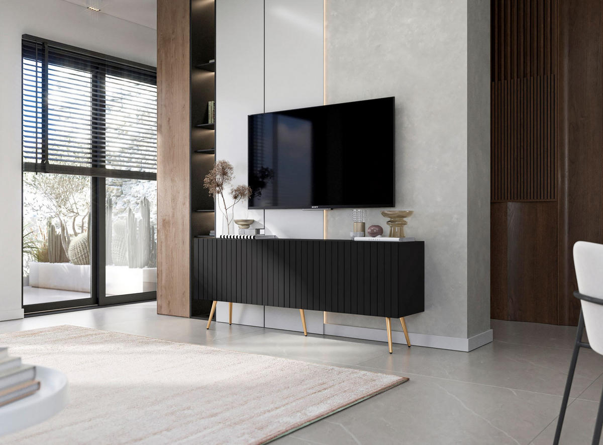 TV-SCHRANK Elpis Schwarz Matt mit goldenen Metallbeine Glamour 150 cm - Goldfarben/Schwarz, Holzwerkstoff/Metall (150/60.5/36.5cm) - Meble Lindner