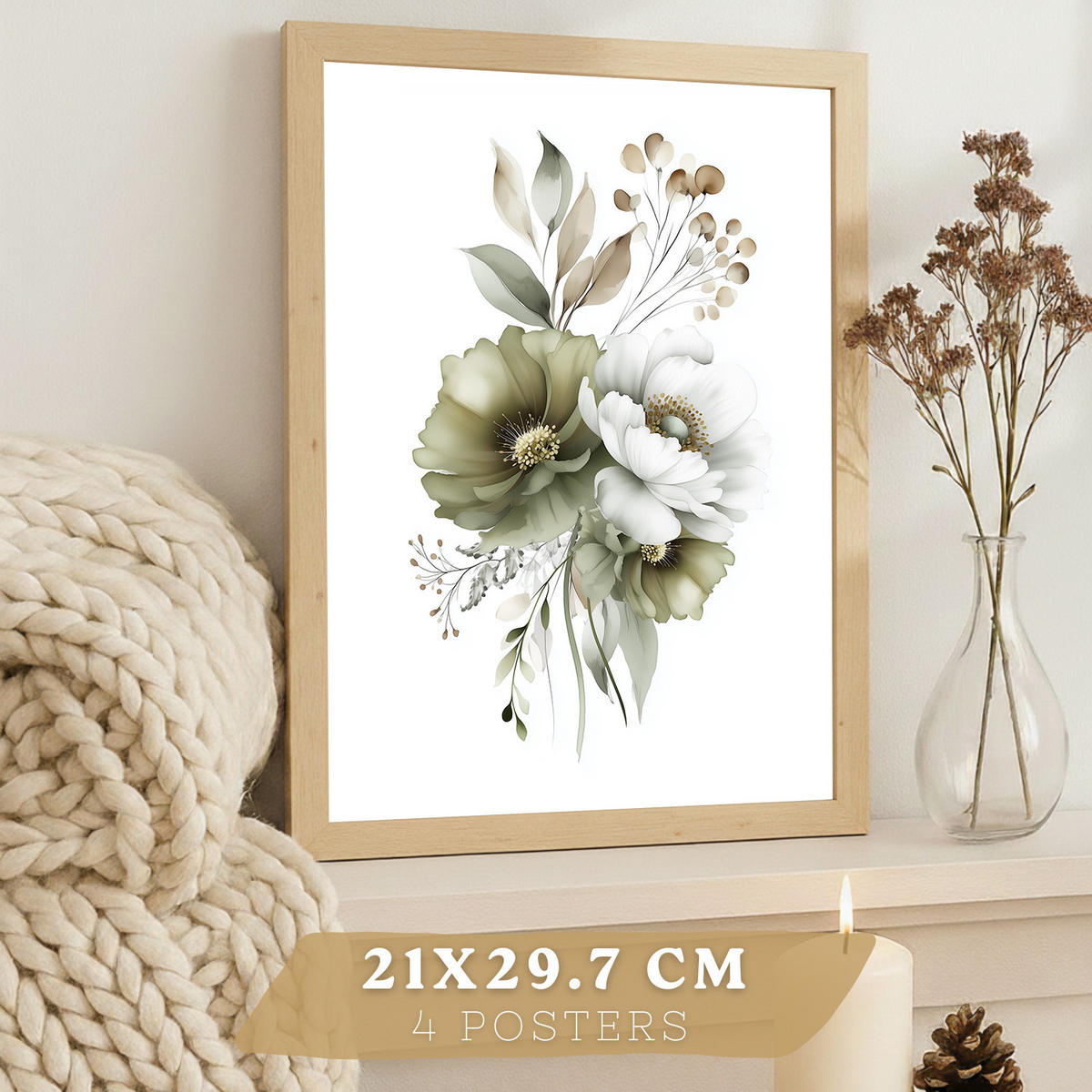 PLAKAT Sada 4 boho botanických uměleckých tisků. Akvarelové květinové nástěnné umění. Velikost Bezrámové A4 - čirá, papír (21/29.7/3cm) - Nacnic