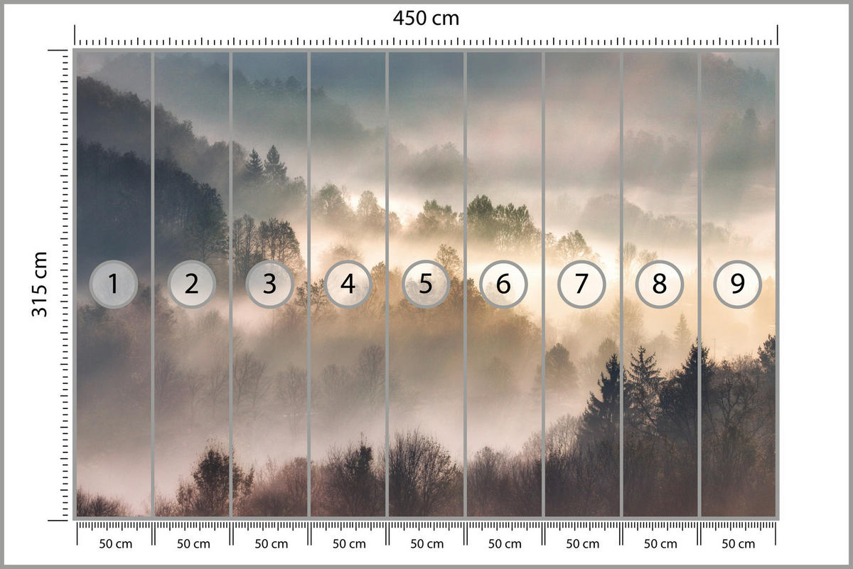 FOTOTAPETE für Wohnzimmer Natur Nebeliger Wald Sonnenaufgang Gebirge 450x315 - Gelb/Creme, Papier (450/315cm) - Muralo