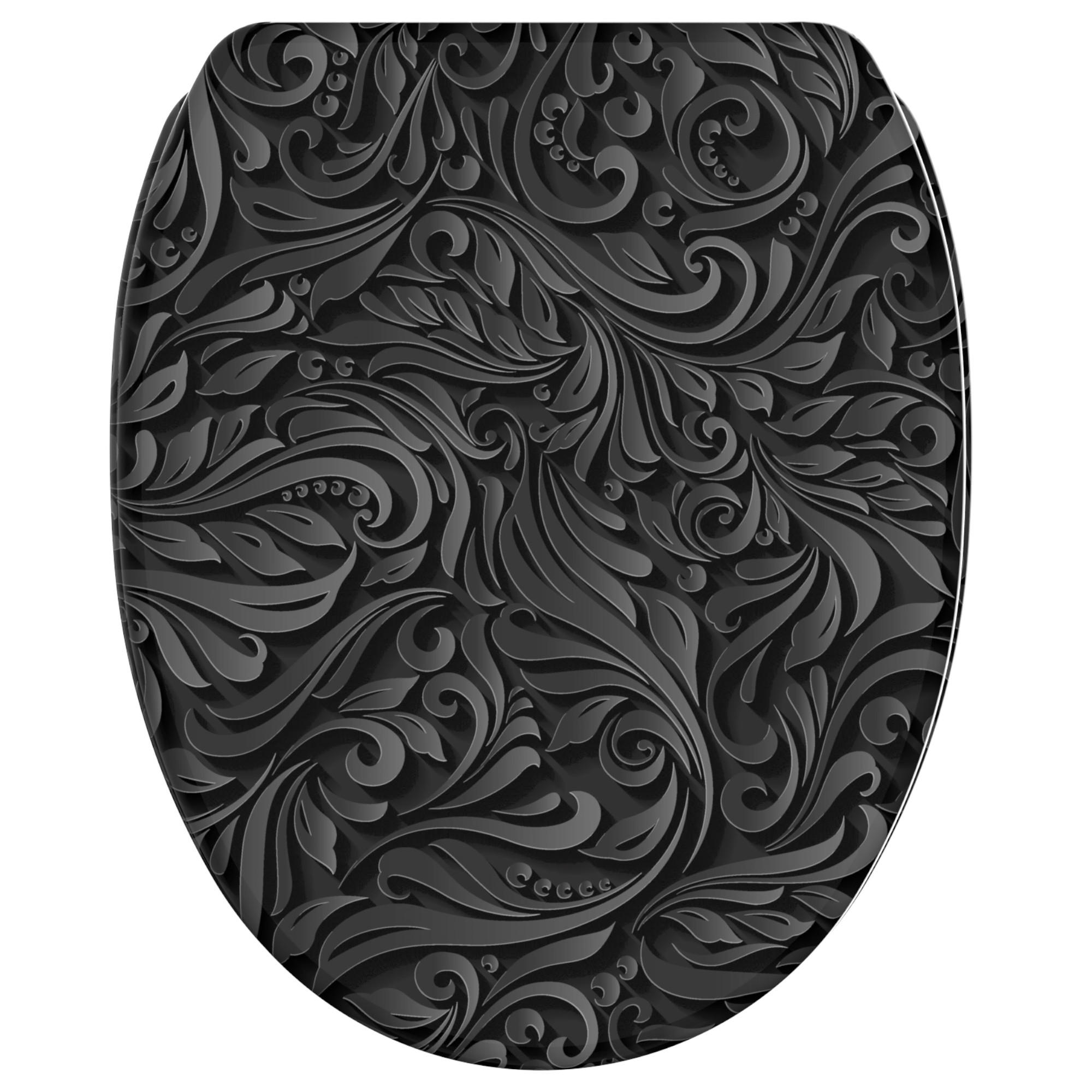 WC-SITZ mit Absenkautomatik & Top Fix Floral - Schwarz, Holzwerkstoff (37.7/5.5/48cm) - Sanilo