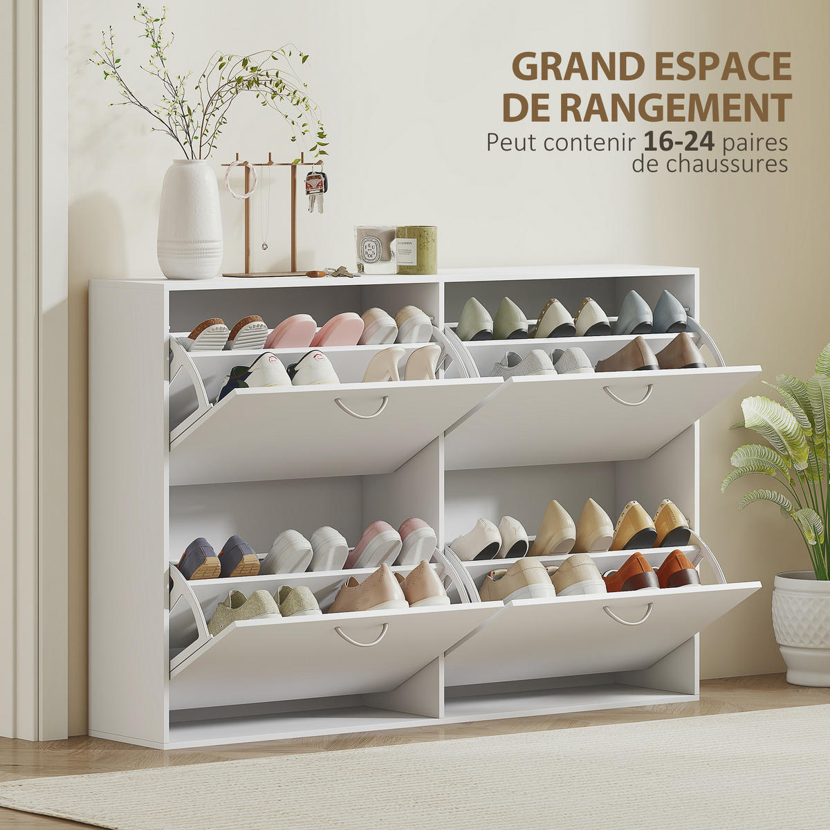 SCHUHSCHRANK DE-14966 4 Klapptüren mit Doppelböden Weiß - Weiß, Holzwerkstoff (120/81/24cm) - ComfortXL