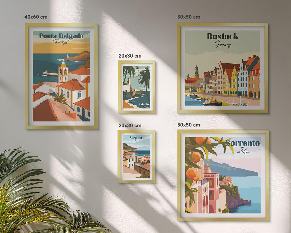 WANDBILDER 5er Set - 50x50 cm & 20x30 cm & 40x60 cm Goldrahmen - Tropische Strände und Palmen - Goldfarben, Kunststoff (40/60cm) - ArtPrintCave