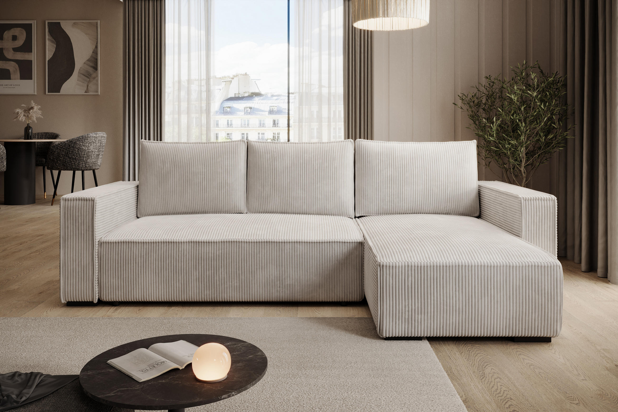 ECKSOFA CUDDY L, Eckcouch in L-Form mit Schlaffunktion und Bettkasten, Farbe: Hellgrau, Cordstoff, Ottomane Rechts - Hellgrau, Textil (240/140cm) - Storez24