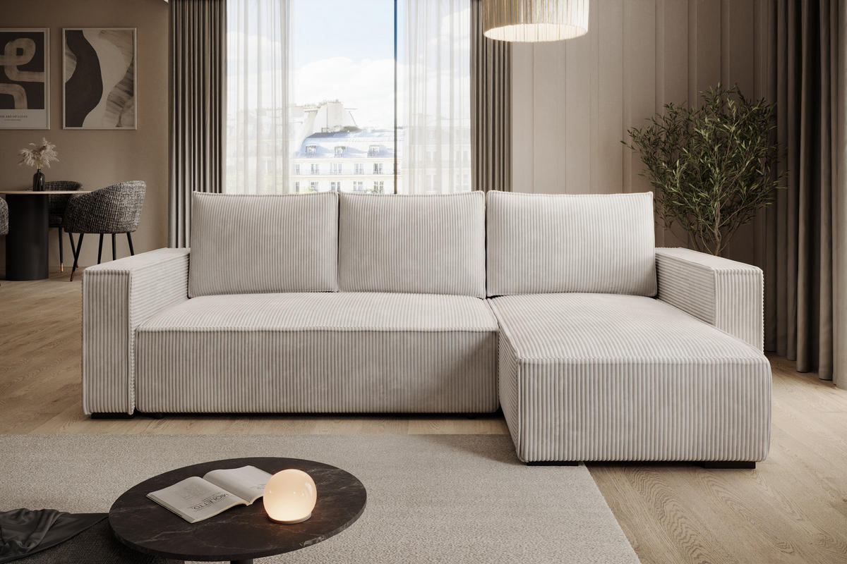 ECKSOFA CUDDY L, Eckcouch in L-Form mit Schlaffunktion und Bettkasten, Farbe: Hellgrau, Cordstoff, Ottomane Rechts - Hellgrau, Textil (240/140cm) - Storez24
