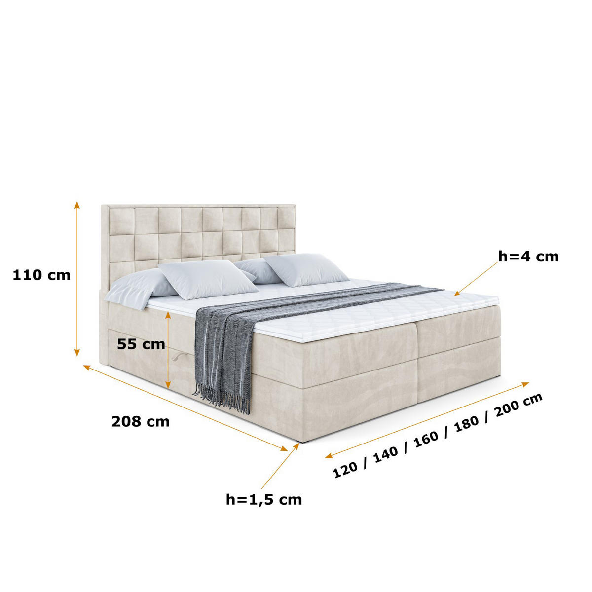 BOXBETT mit H4-Matratze und Lattenrost- ZAFIRA-BZ - 160x200 - Beige Samt - Beige, Holzwerkstoff (160/200cm) - ALTDECOR