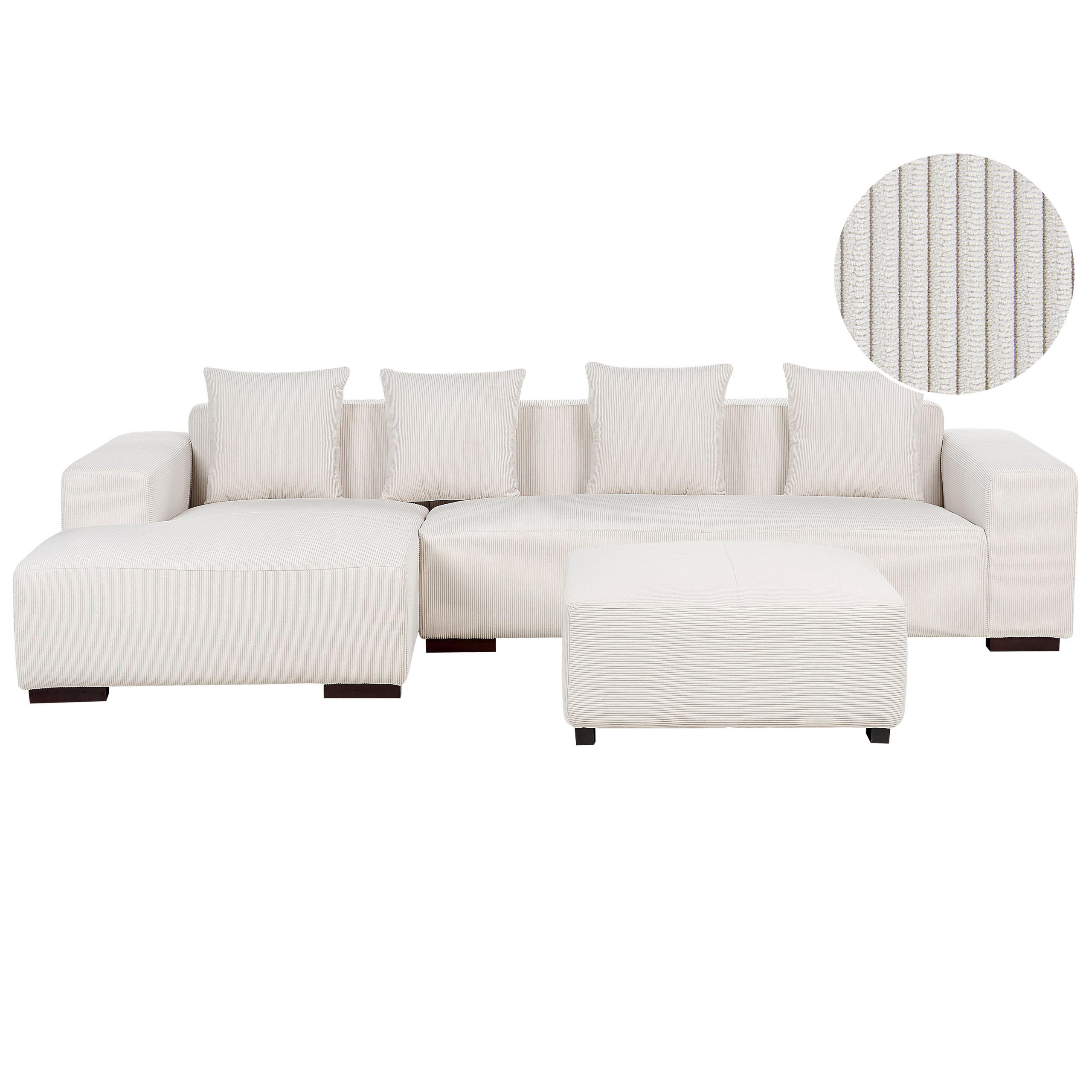 ECKSOFA 4-Sitzer Cord Cremeweiß mit Ottomane rechtsseitig Lungo - Creme/Weiß, Textil (285/160cm) - Beliani
