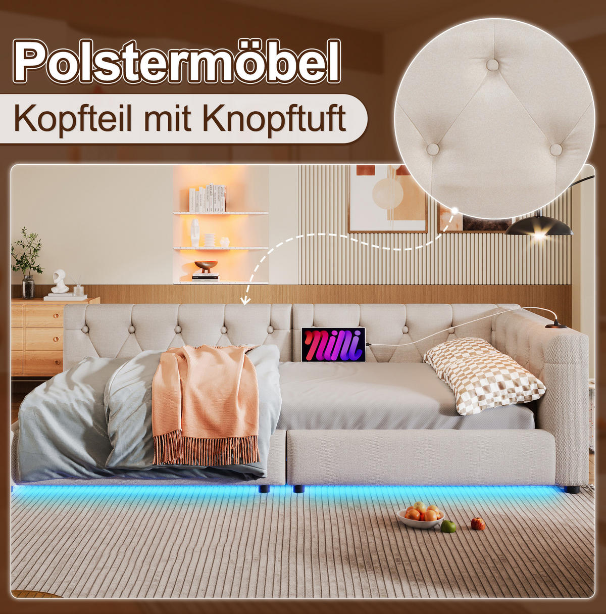 POLSTERBETT mit LED-Beleuchtung 90/200 cm in Beige mit USB und gepolstertem Kopfteil - Beige, Textil (90/200cm) - BEAOK
