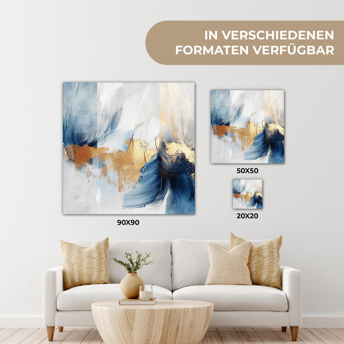 LEINWANDBILD Gold - Blau - Aquarell - Kunst - Modern 50x50 cm - Hellblau, Textil (50/50cm) - MuchoWow