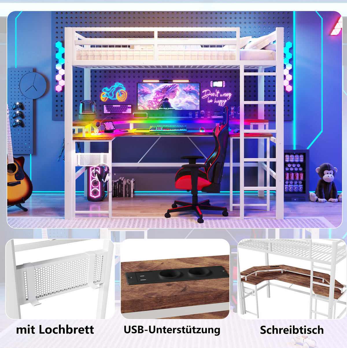 HOCHBETT 90/200 cm Weiß mit LED und Schreibtisch ohne Matratze - Weiß, Metall (90/200cm) - MIVRAY