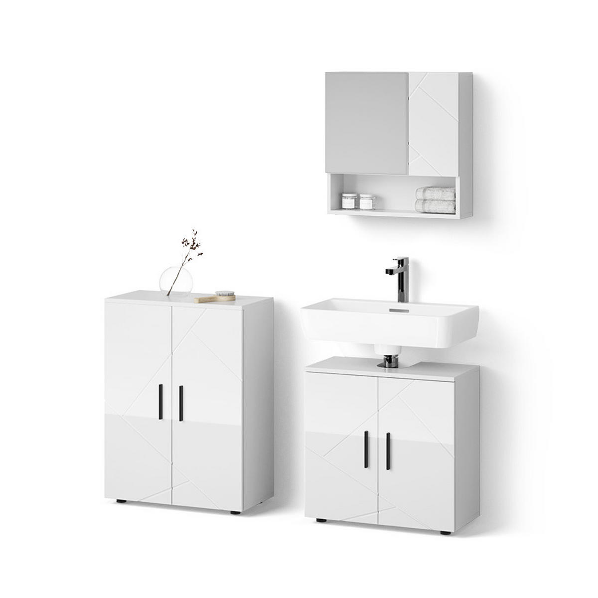 BADMÖBEL-SET Ronco Weiß Hochglanz 3 Teile, mit Unterschrank 60 cm - Weiß Hochglanz/Weiß, Holzwerkstoff (60/59/30cm) - Livinity®