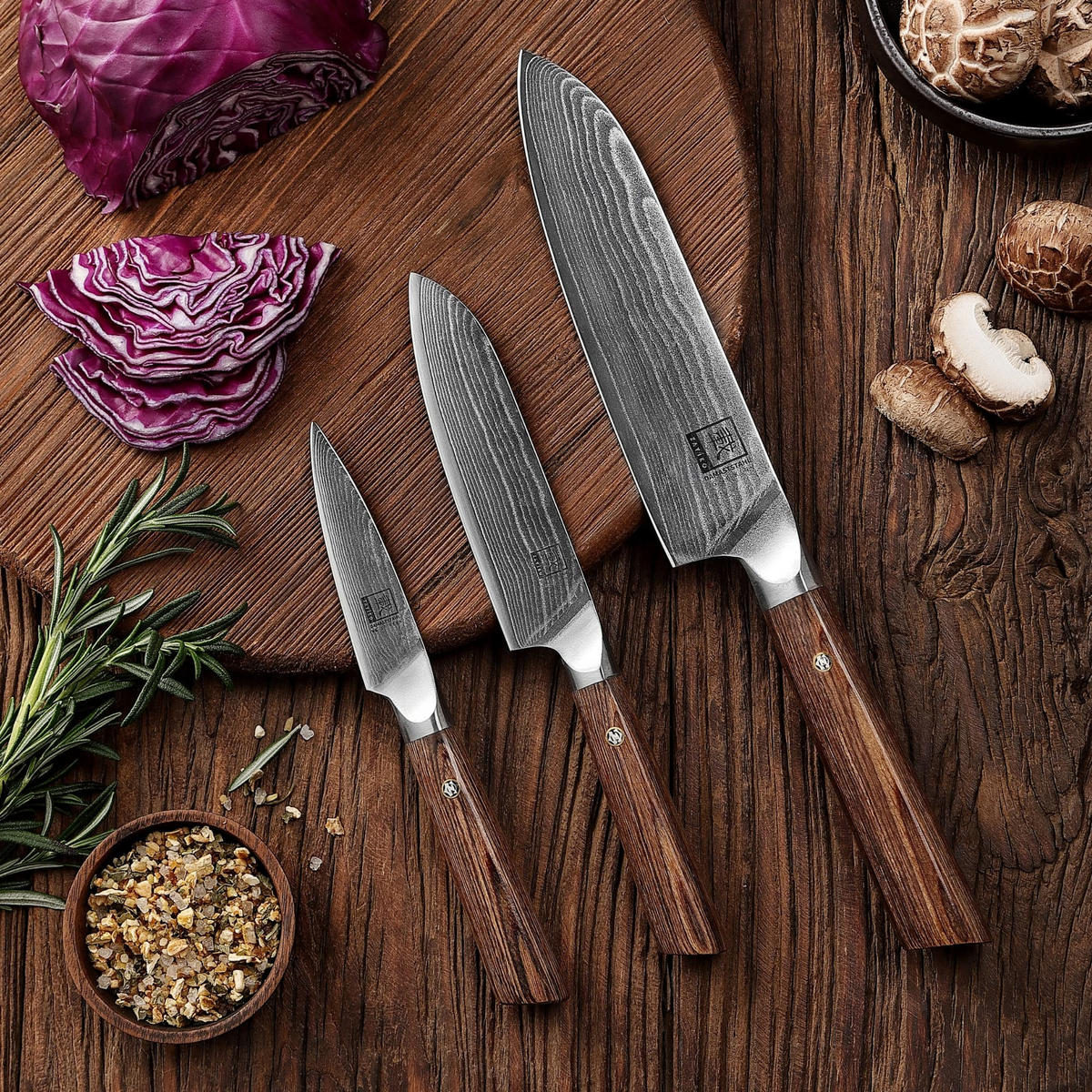 3ER MESSER-SET 8–18 cm - Braun, Holz/Metall - Zayiko