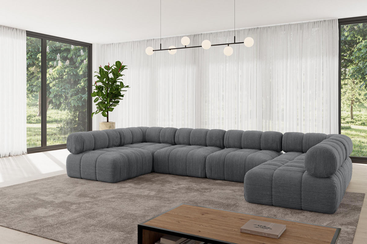 WOHNLANDSCHAFT modulares Sofa Garvo-U2 - 380x190x70 cm Dunkelgrau Cord - Dunkelgrau, Holzwerkstoff/Textil (380/70/190cm) - ALTDECOR