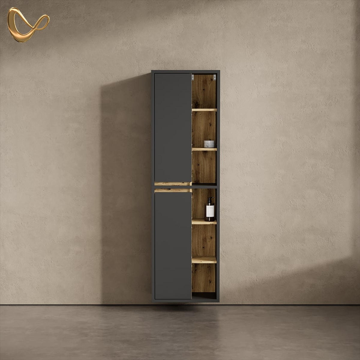 BADSCHRANK Vomano Anthrazit 50 x 170 cm mit Türen, und offenen Fächern - Anthrazit/Eiche Artisan, Holzwerkstoff (50/170/33cm) - Livinity®
