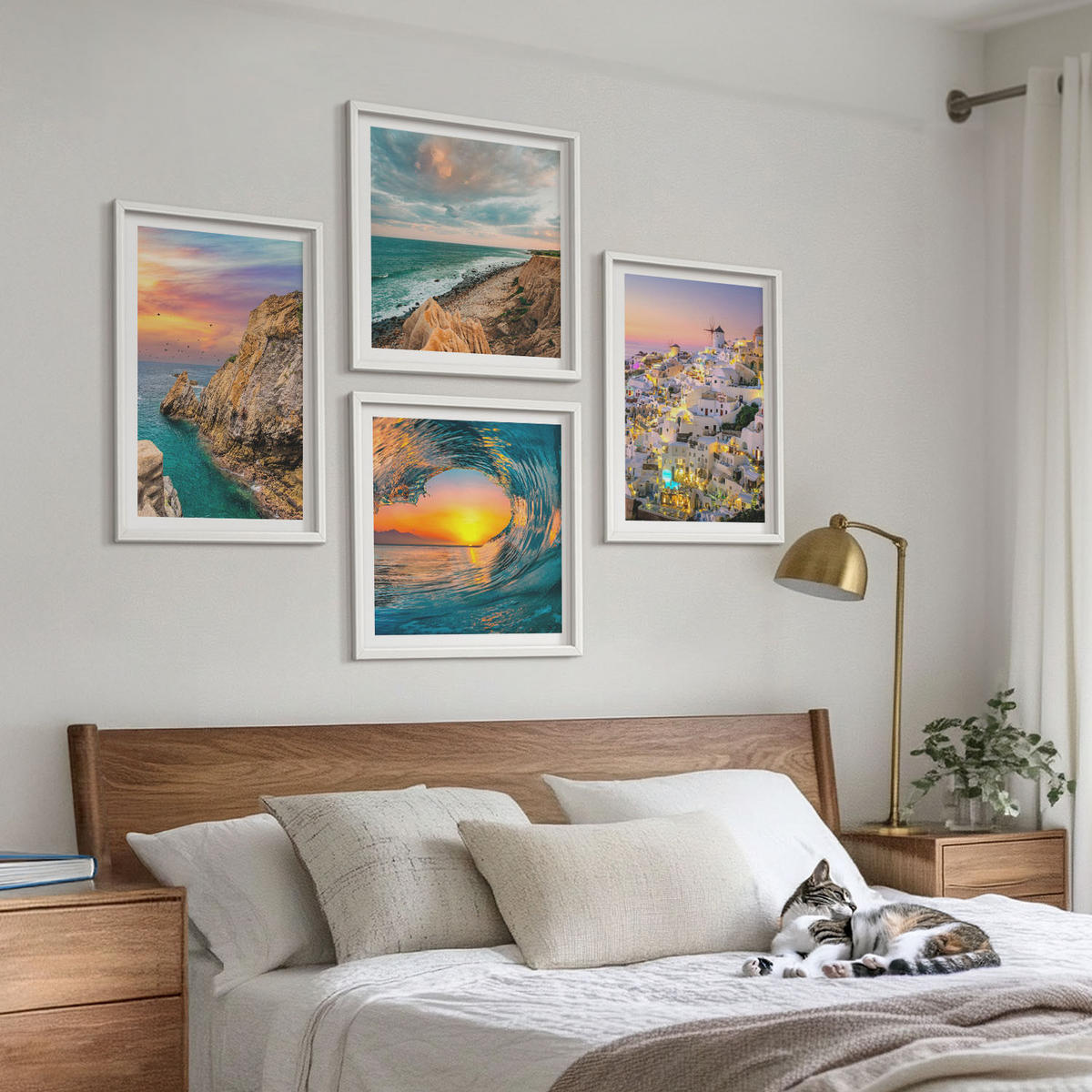 BILDER SET 4er Set - 50x50 cm & 40x60 cm Weißer Rahmen - Meereswellen, weiße Häuser, Santorini - Weiß, Kunststoff (50/50cm) - TULUP