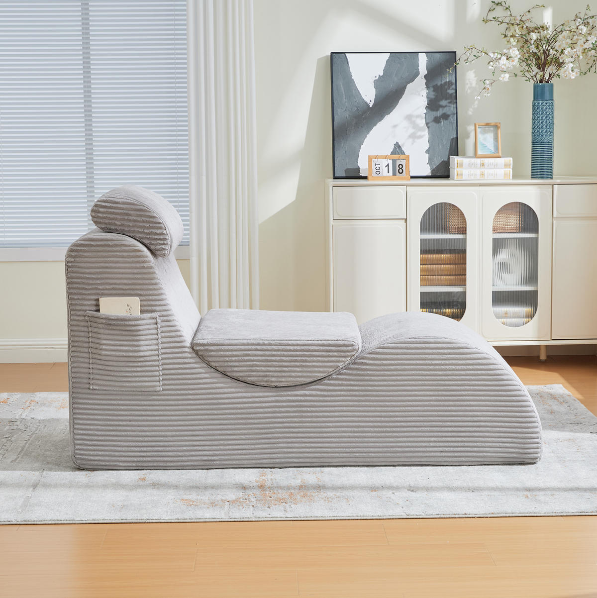 KŘESLO 160/66/90 cm světle šedé z manšestru s ergonomickým opěradlem a boční kapsou - světle šedá, textil (66/90/160cm) - OKWISH