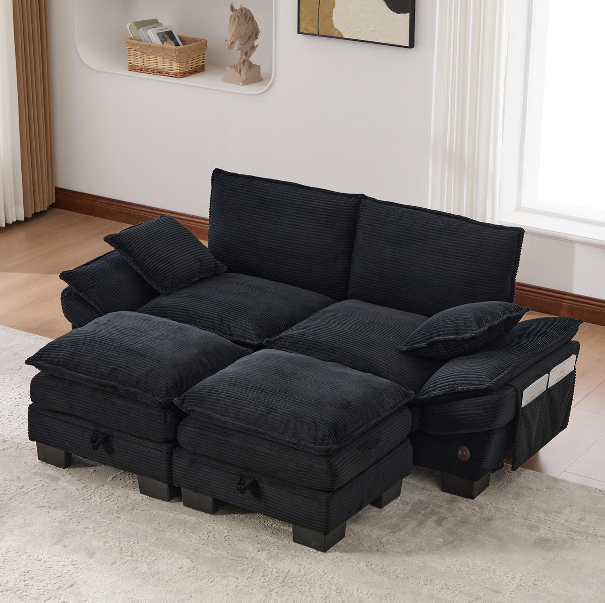 SOFA modular 190 x 132 cm Cord Black 3-tlg. - Schwarz, Kunststoff (132/84/190.1cm) - Meubliv