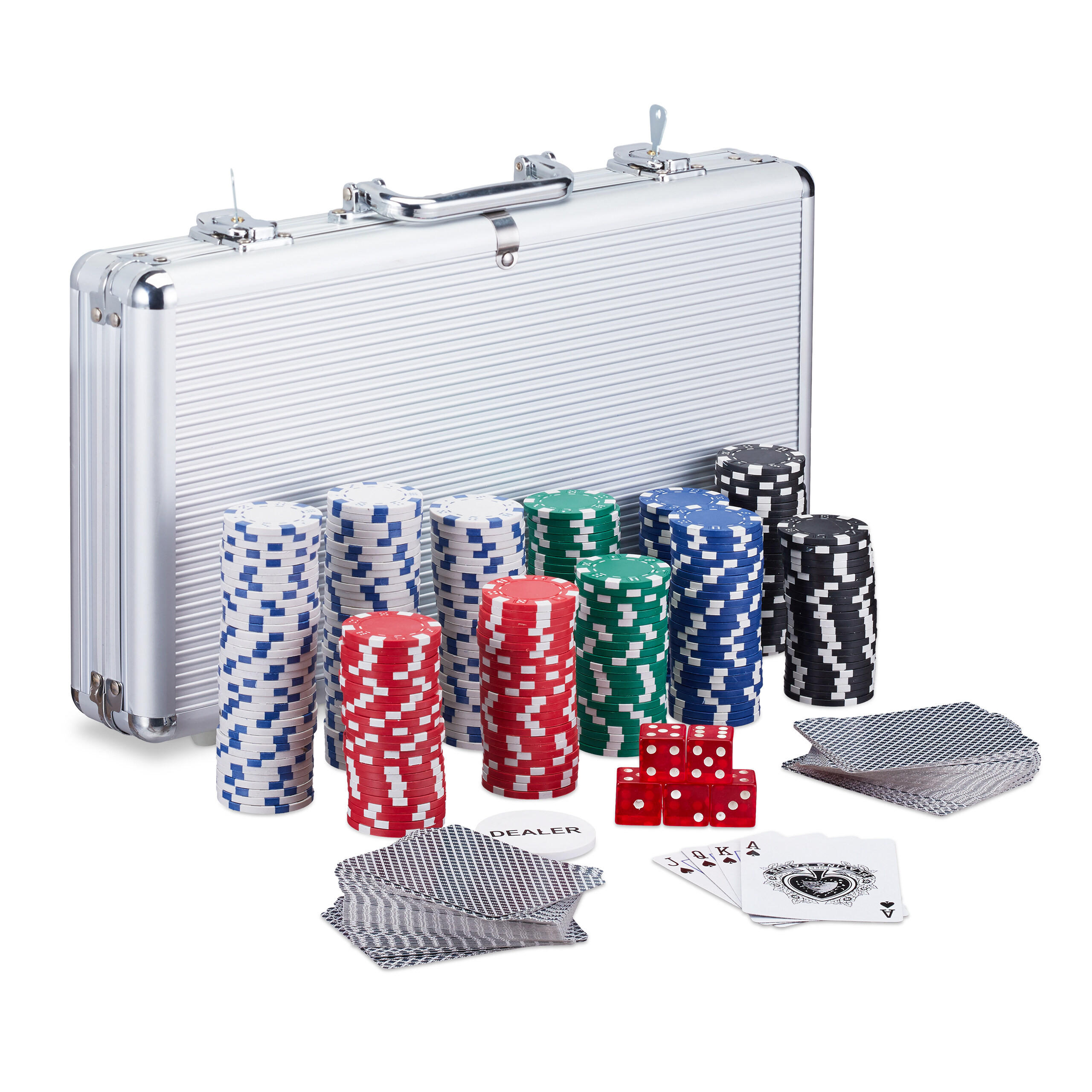 POKERSET Stříbrná 300-ks hliníkový kufřík - různobarevná, kov/plast (38/7cm) - Relaxdays