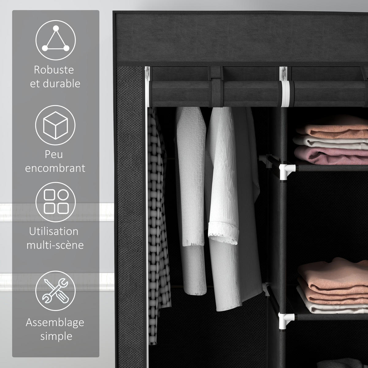 STOFFSCHRANK DE-17188 - Schwarz, Textil (43/162.5/125cm) - ComfortXL